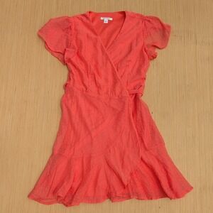 Miami Orange Tropical Flutter Sleeve V-Neck Ruffle‎ Mini Wrap Dress Women's XS